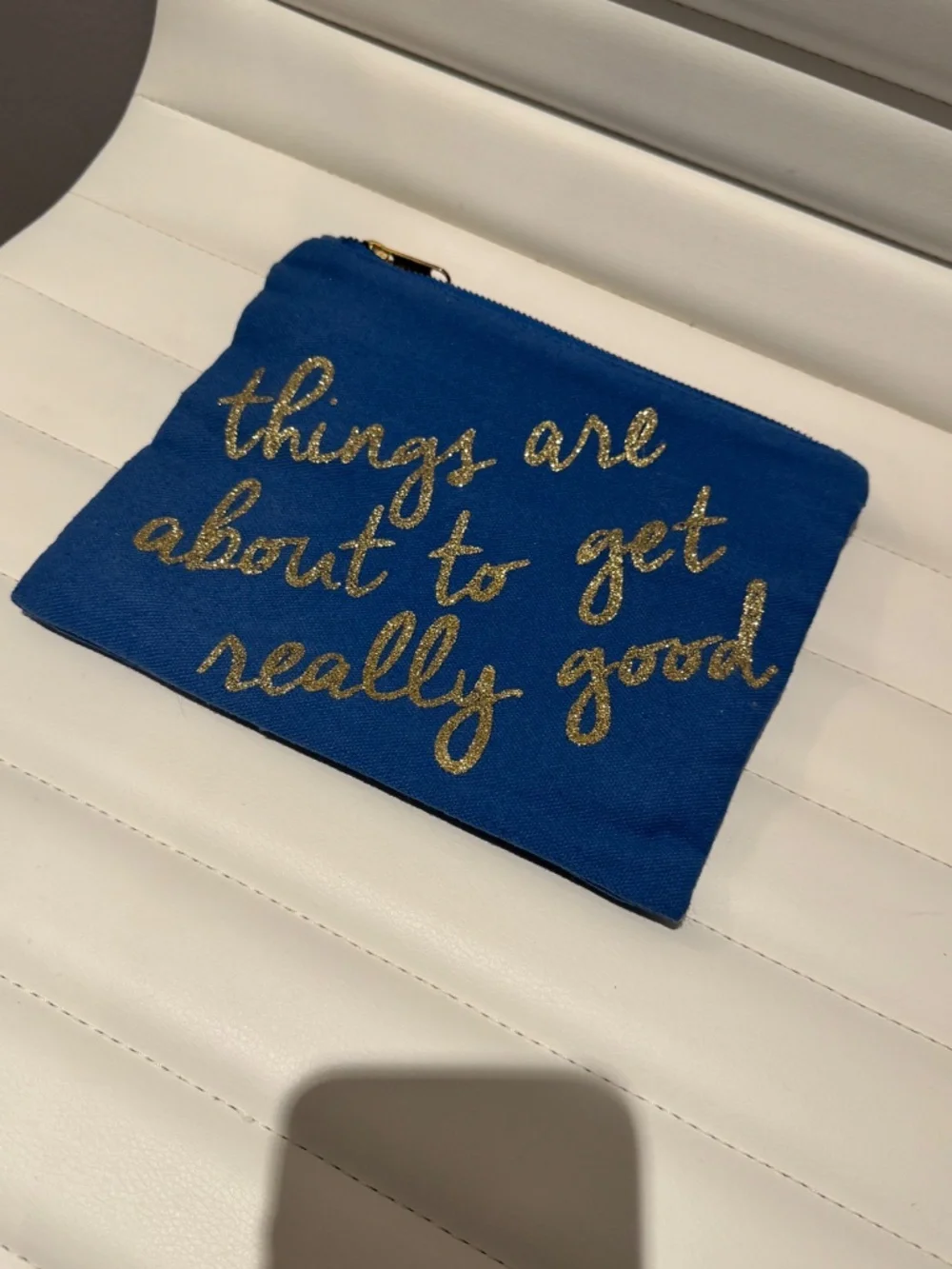 Charming Charlie Blue Canvas Makeup Bag Pouch Gold Glitter Quote Cosmetic Case